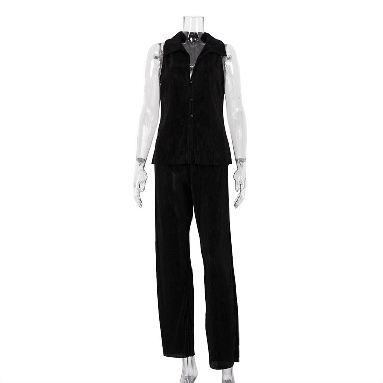 Casual Solid Color Sleeveless Shirt High Waist Trousers Pleated Suit - Image 6