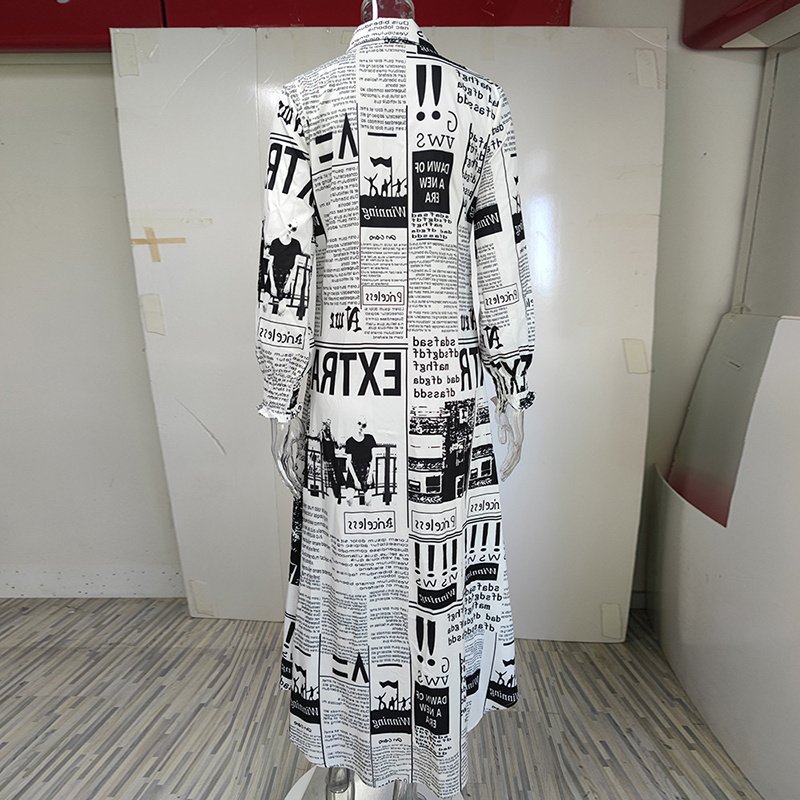 Women's Long Sleeve Newspaper Print Shirt Dress Button Down Casual Long Dress - Image 3