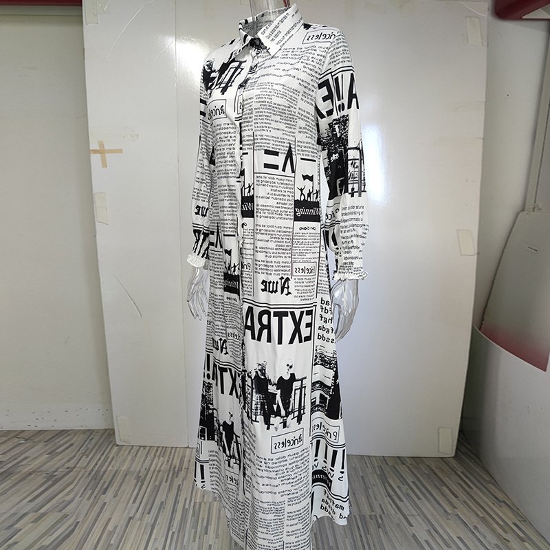 Women's Long Sleeve Newspaper Print Shirt Dress Button Down Casual Long Dress - Image 2