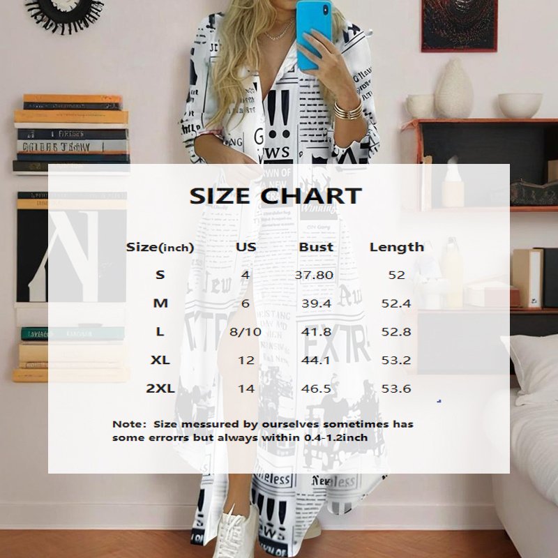 Women's Long Sleeve Newspaper Print Shirt Dress Button Down Casual Long Dress - Image 4