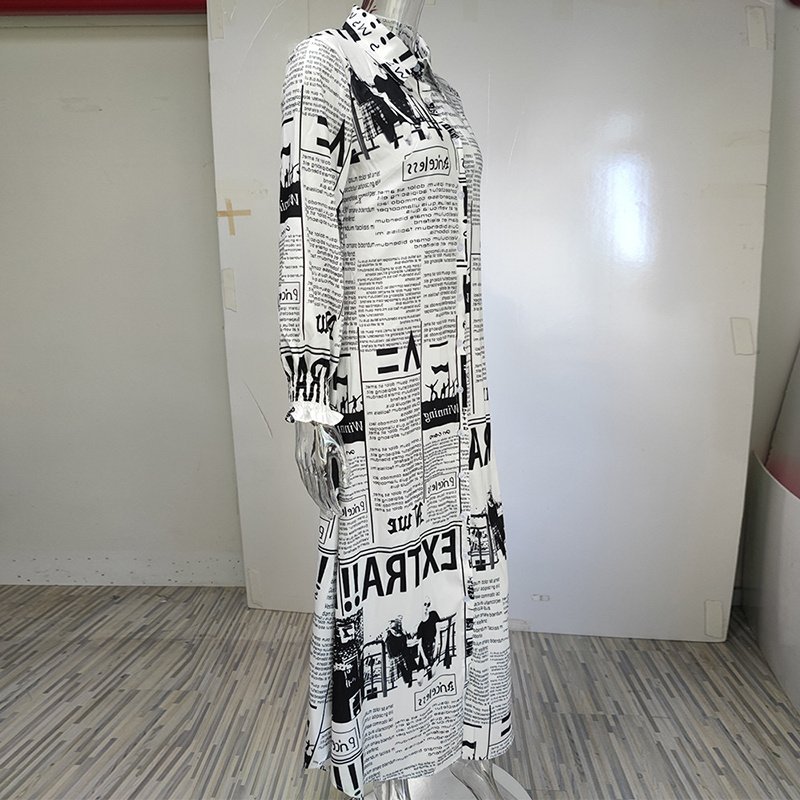 Women's Long Sleeve Newspaper Print Shirt Dress Button Down Casual Long Dress - Image 6