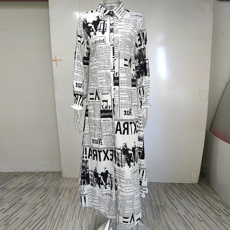 Women's Long Sleeve Newspaper Print Shirt Dress Button Down Casual Long Dress - Image 5